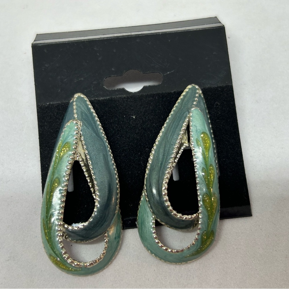 Teal Silvertone Tear Drop Earrings‎ Enameled Leaves